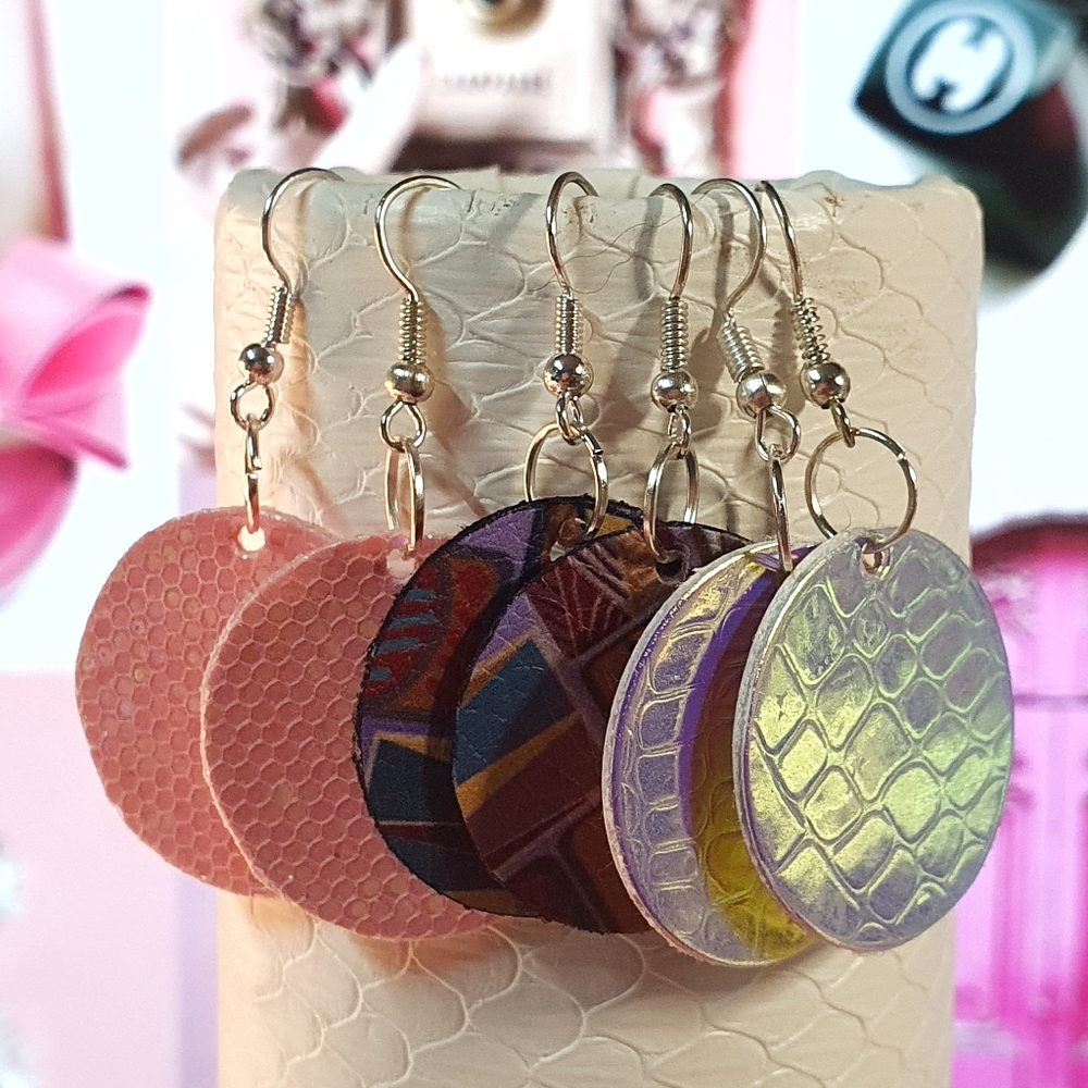Faux Leather Round 3 Pairs of Earings